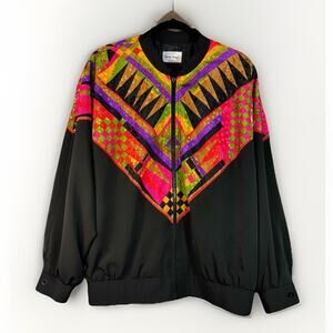 VTG Three Flaggs Womens 14 Retro 90s Windbreaker Bomber Jacket Shiny Geometric